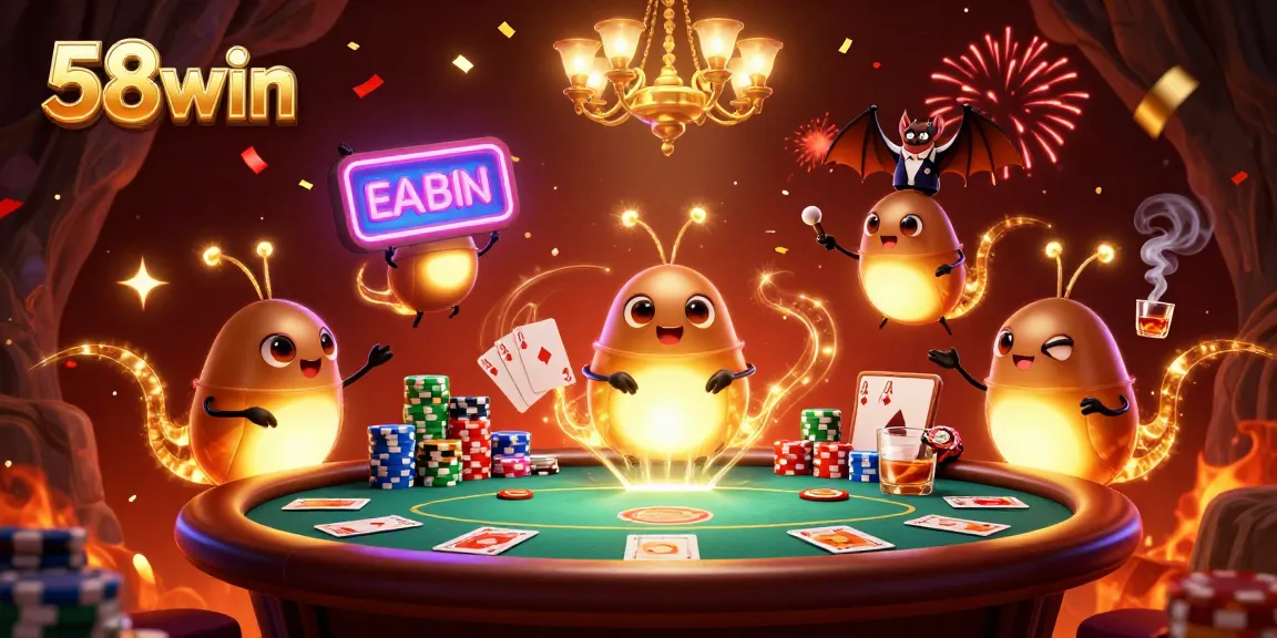 Experience the thrill of 58win in a vibrant casino scene with glowworms and gaming elements.