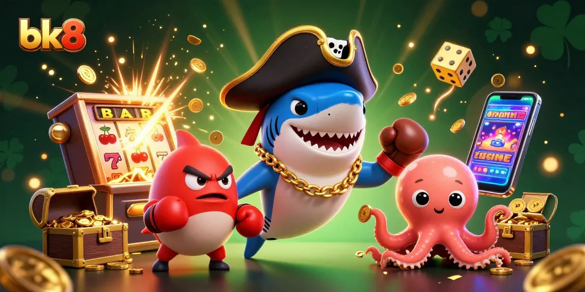 Spin to win with bk8's vibrant 3D casino illustration featuring a pirate shark, pufferfish, and octopus!