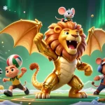 Experience thrilling kèo bóng đá action with a roaring chimera and sports elements dynamically capturing the moment.