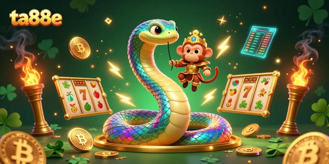 Engage in thrilling gaming action with ta88e as a vibrant scene unfolds, featuring a magical serpent and monkey king among slot machines and crypto coins.