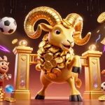 Bet on exciting wins with mb66: dynamic illustration showcasing sports balls, gold coins, and a golden ram.