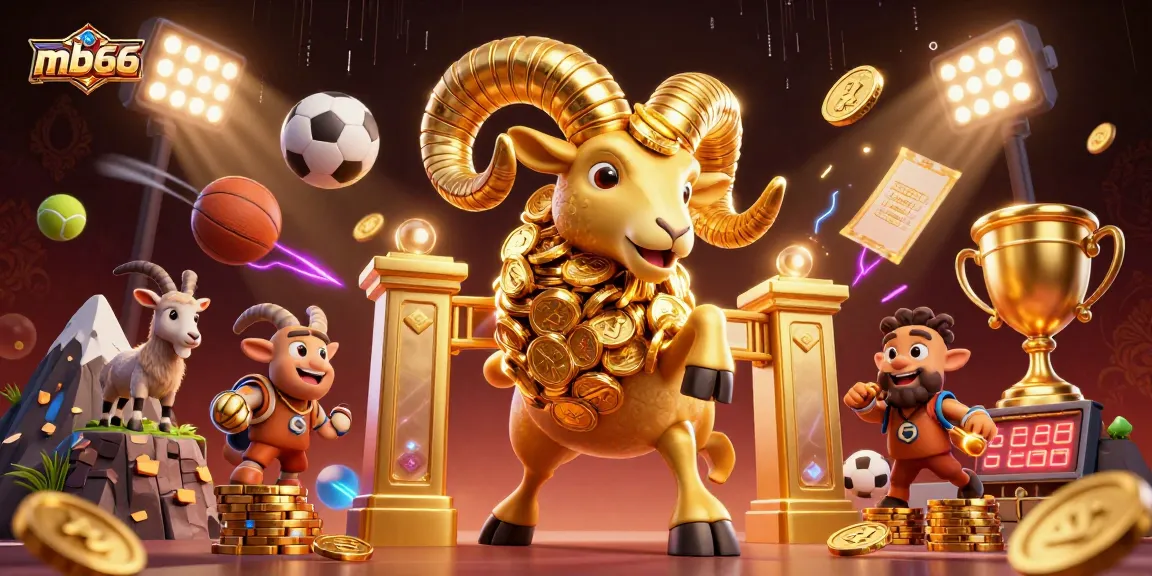 Bet on exciting wins with mb66: dynamic illustration showcasing sports balls, gold coins, and a golden ram.