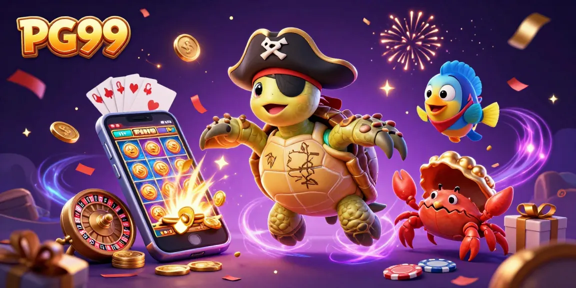 PG99 engages players with a colorful slot game illustration featuring a pirate turtle and treasure.
