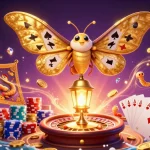 Experience the magic of Max79 with a vibrant casino scene of an atlas moth and golden treasures.