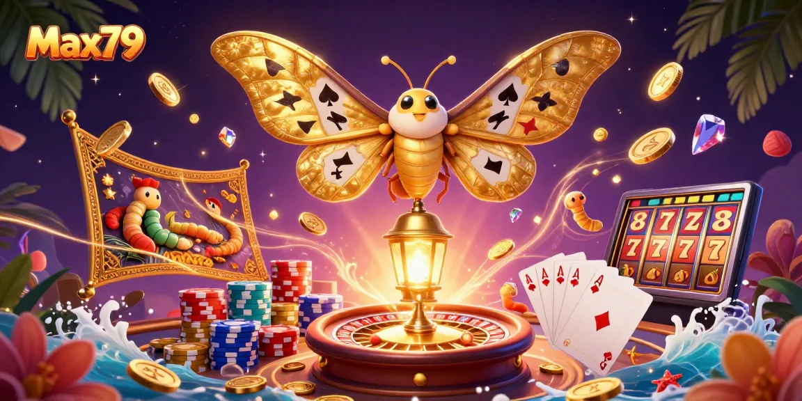 Experience the magic of Max79 with a vibrant casino scene of an atlas moth and golden treasures.