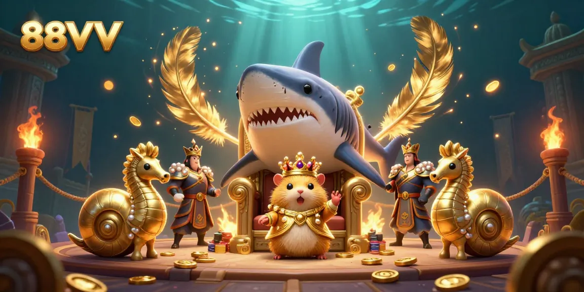 Engage with 88VV's golden hamster king and seahorse guards in a vibrant casino scene.