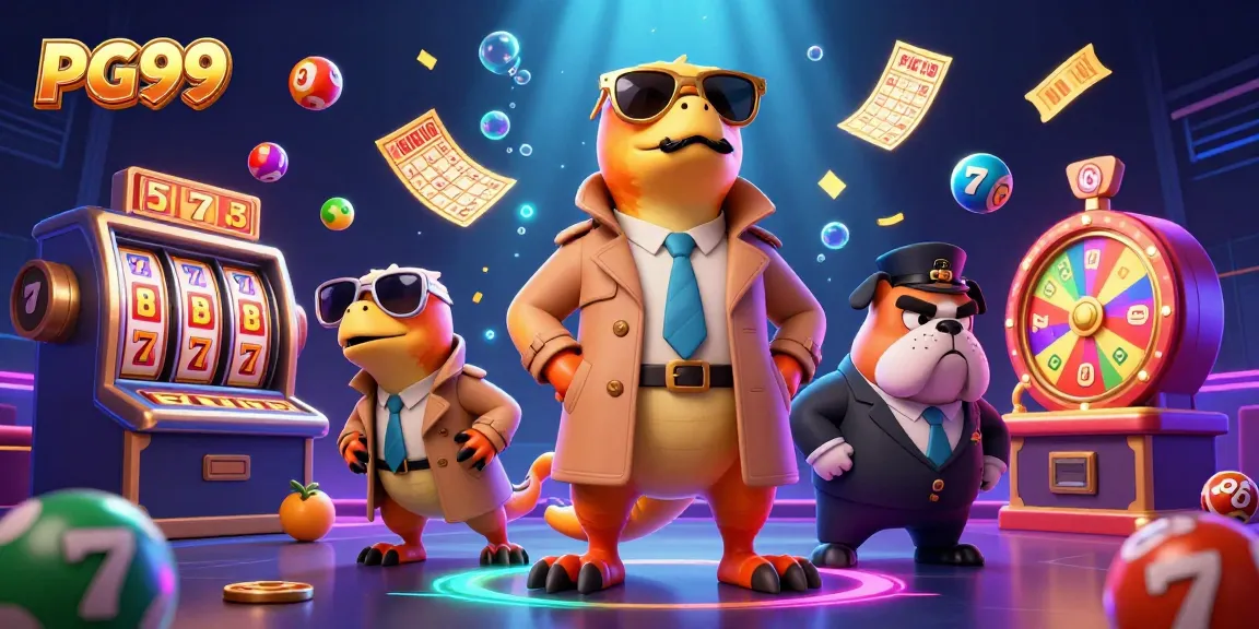 Engage with PG99 as three cartoon raptors try to enter a VIP casino lounge, amidst vibrant gaming elements.