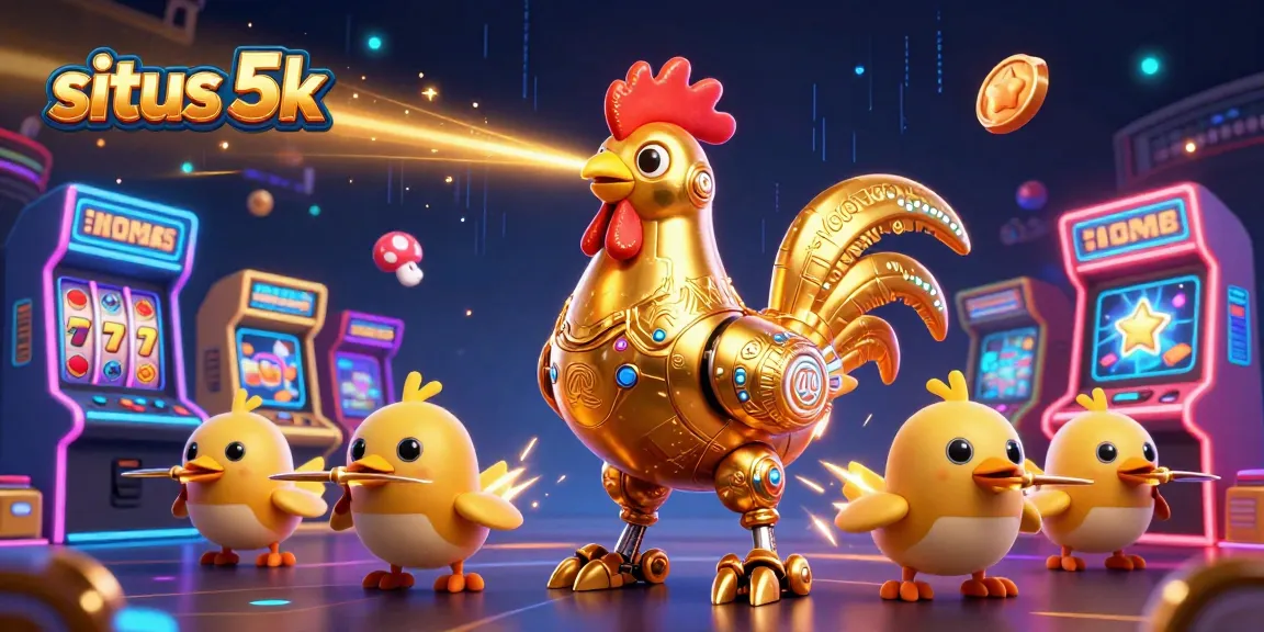 Experience thrilling gameplay at situs 5k with vivid slot machines and an adventurous golden rooster robot.