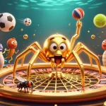 Experience thrilling gameplay at Typhu88 as a whimsical spider spins a roulette wheel amidst dynamic sports elements.