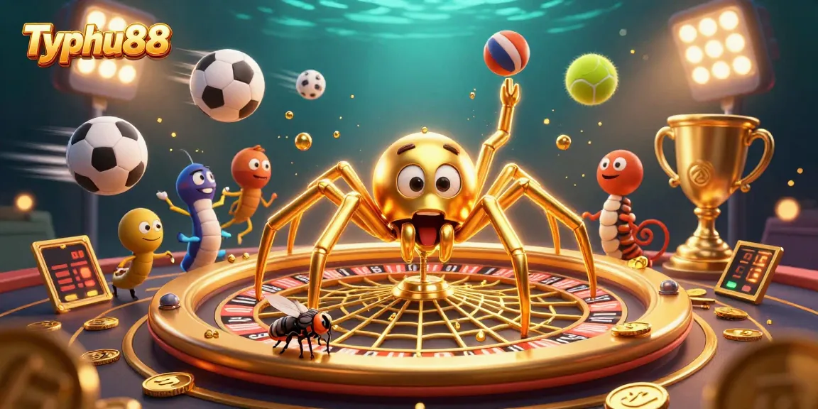 Experience thrilling gameplay at Typhu88 as a whimsical spider spins a roulette wheel amidst dynamic sports elements.