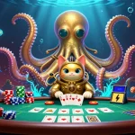 Experience thrilling mv88 gameplay with a cartoon kraken and diving cat in this vibrant casino scene.