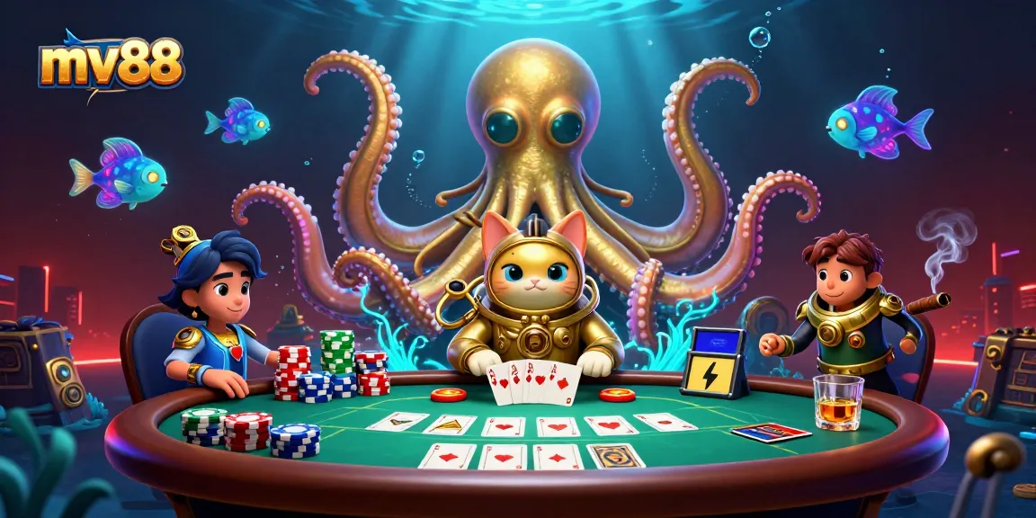 Experience thrilling mv88 gameplay with a cartoon kraken and diving cat in this vibrant casino scene.