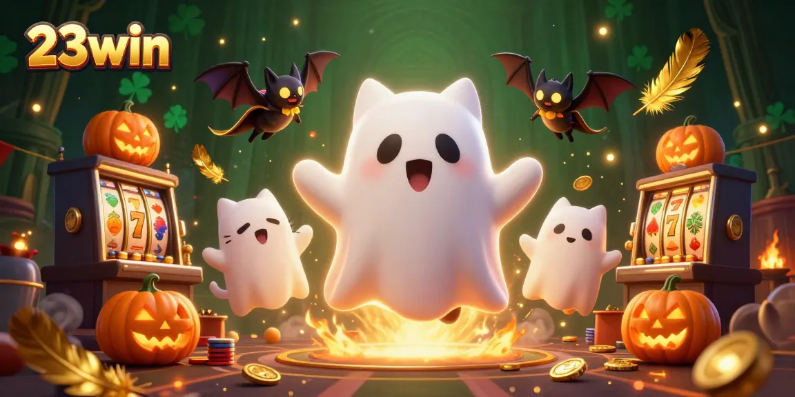 Spin the reels with 23win in this thrilling haunted casino scene featuring magical characters.