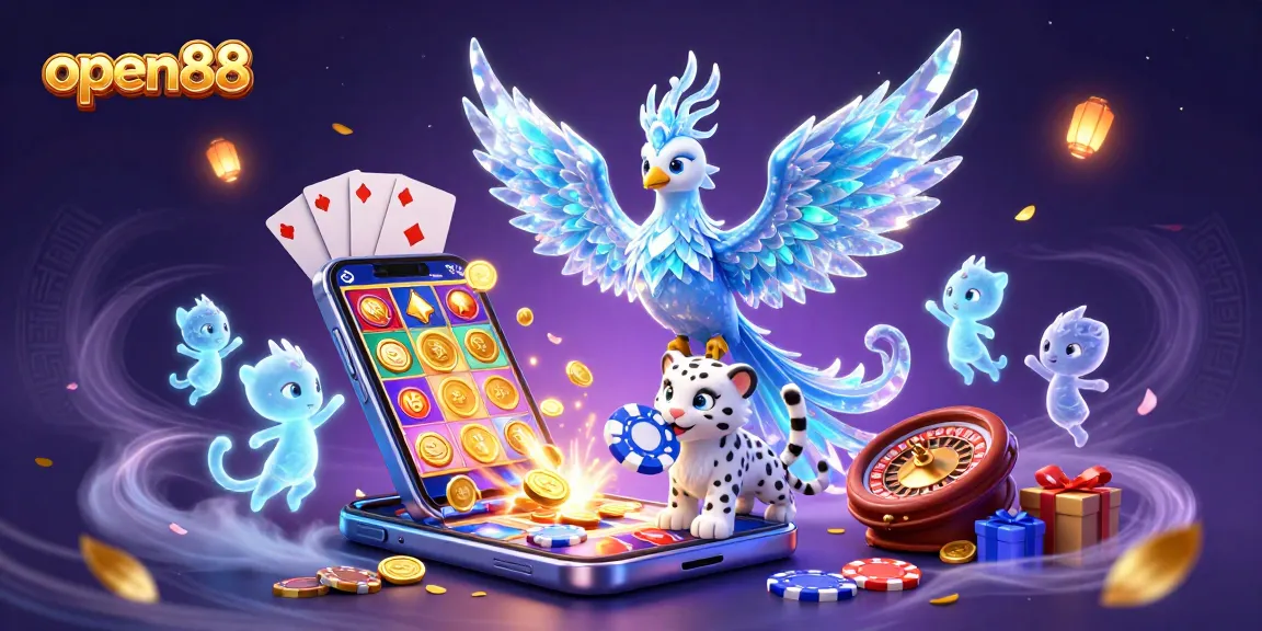 Experience thrilling gameplay with open88, featuring a vibrant 3D illustration of a phoenix and a snow leopard cub.