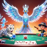 Engage with Lucky88 in a vibrant casino scene featuring an ice phoenix, poker elements, and festive atmosphere.