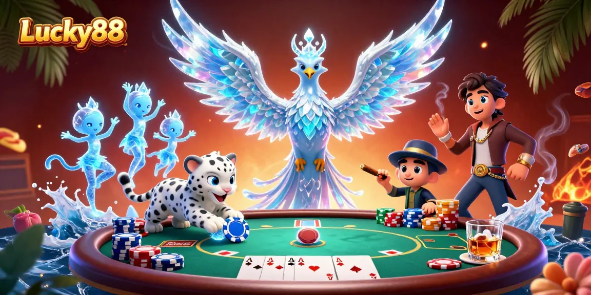 Engage with Lucky88 in a vibrant casino scene featuring an ice phoenix, poker elements, and festive atmosphere.