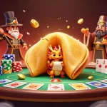 Experience thrilling poker action with 88vv and a vibrant 3D casino scene featuring fortune cookies and characters.