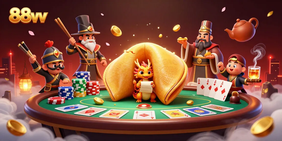 Experience thrilling poker action with 88vv and a vibrant 3D casino scene featuring fortune cookies and characters.