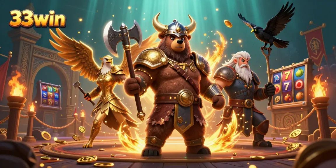 Experience thrilling gameplay at 33win with our vibrant 3D casino illustration featuring epic characters and golden treasures.