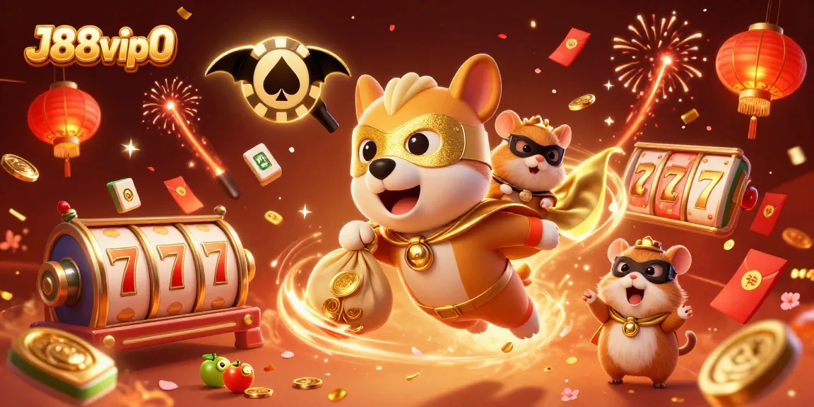 J88vip0 showcases a thrilling gaming experience with vibrant colorful slots and characters flying.