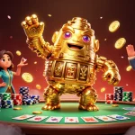 Experience immersive gaming at crazyvegas with an animated golden golem and poker elements.