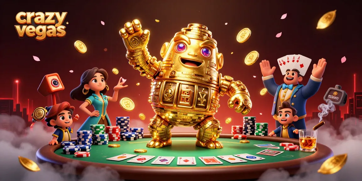 Experience immersive gaming at crazyvegas with an animated golden golem and poker elements.