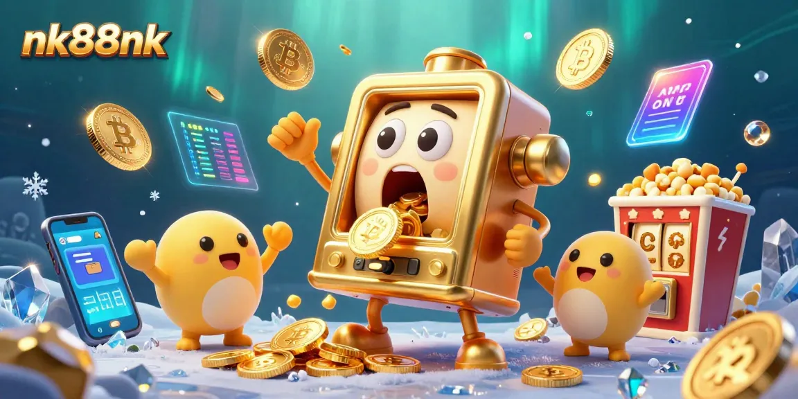Experience the excitement at nk88nk with a gold slot machine hitting a jackpot and coins flying around!