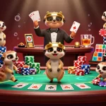 Experience the thrill of the 888new casino with meerkats managing poker games amidst vibrant colors.