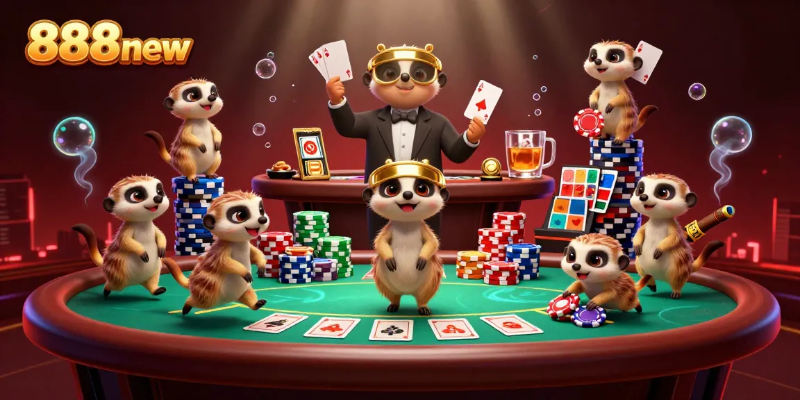 Experience the thrill of the 888new casino with meerkats managing poker games amidst vibrant colors.